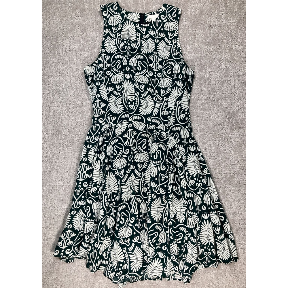H&M Off White/Forest Green Tropical Print Sleeveless Skater Dress size 2